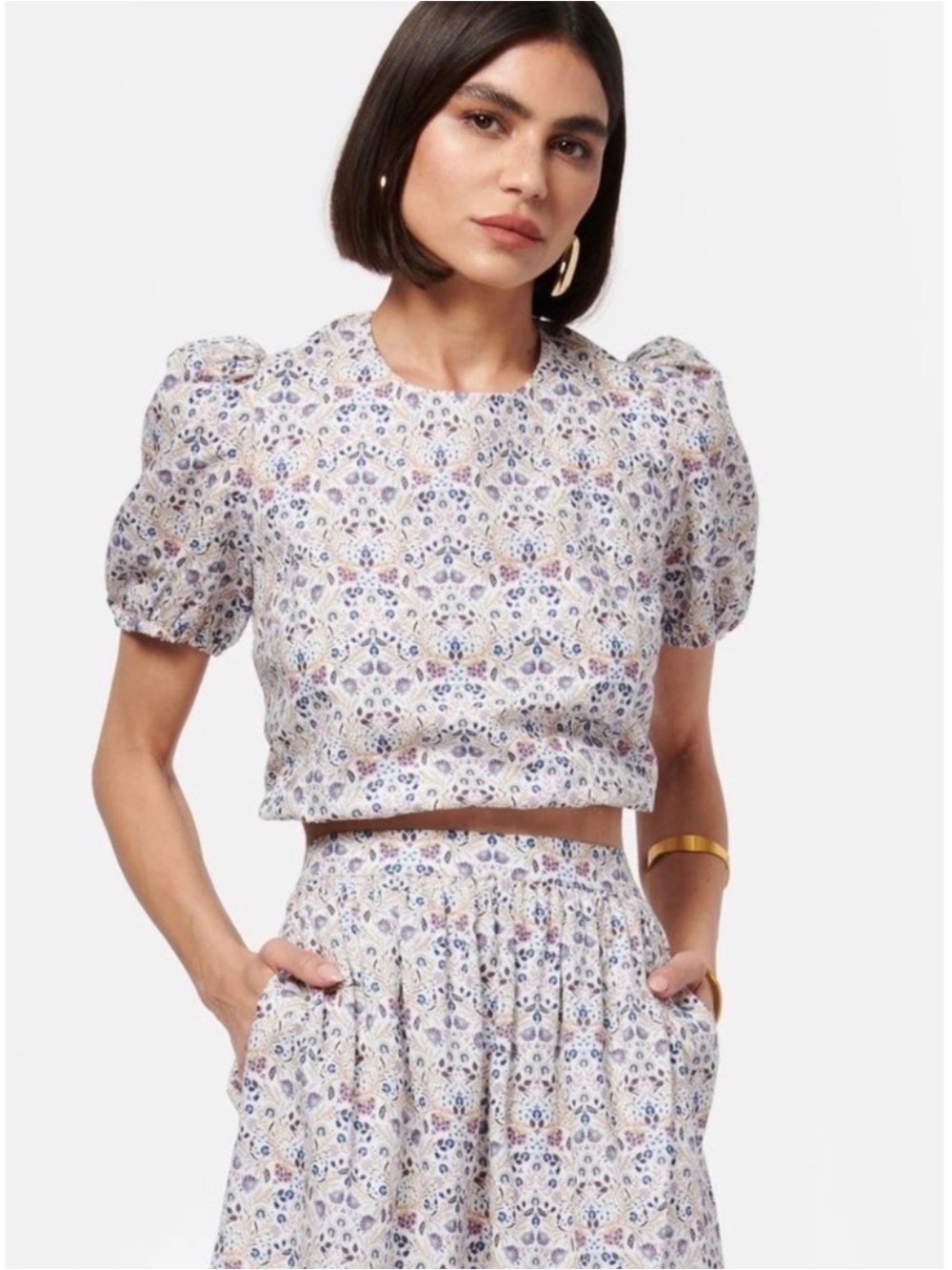 Cami NYC Cream Crop Top with Blue Floral Tapestry